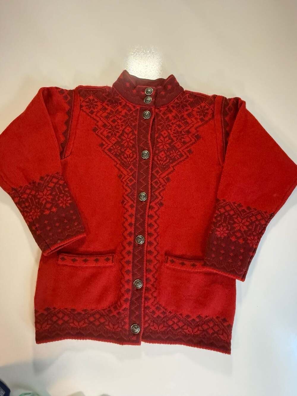 Norlender Genuine Norwegian Knitwear Red Fair Isle Wool Button Cardigan Sweater